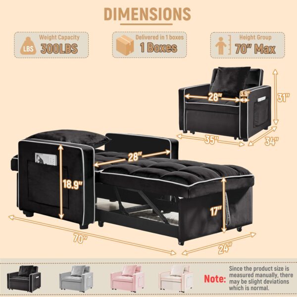 35 Convertible Chair Bed. Sleeper Chair. 3 in 1 Modern Velvet Pull Out Sofa Chair. Small Tufted Single Sleeper Chair with Adjustable Backrest/Pillow for Living Room. Small Spaces (Black)