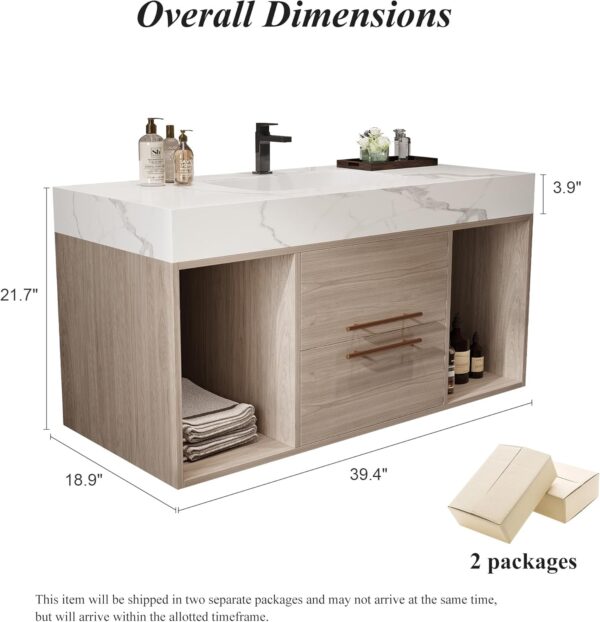39.4'' Bathroom Vanity with Sink. Floating Ceramic Sink Bathroom Vanity with Countertop Multi-Layer Solid Wood Cabinet Soft-Close Drawers Open Shelf Storage (Oak. 39.4''-Countertop)