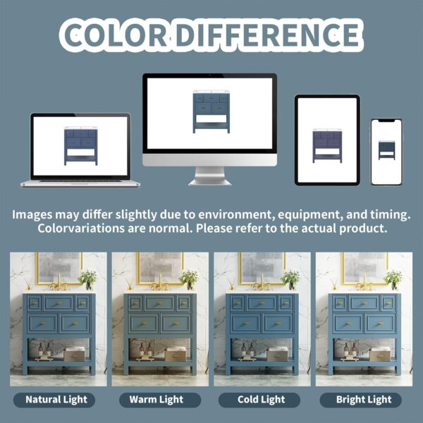 30 Bathroom Vanity with Sink Set. Vintage Bathroom Cabinet Vanity with Ceramic Basin. Extra Large Storage 5 Drawers. Solid Wood Frame Storage Cabinet (Blue)