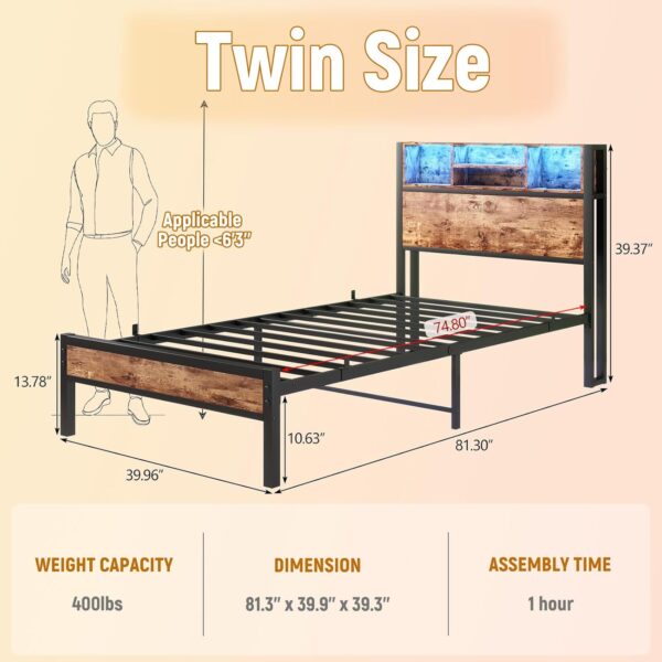 Twin Size Bed Frame with Storage Headboard and LED Lights