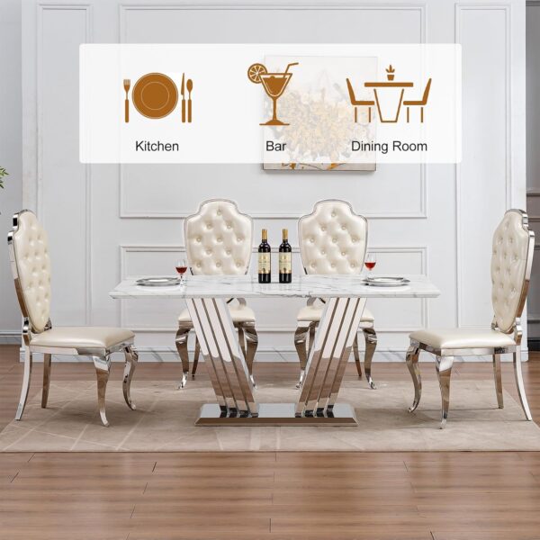 70 Marble Dining Table for 6-8 People. Modern Rectangle Faux Marble Kitchen Table with Mirrored Finish Stainless Steel Base. Dining Room Table for Home. Kitchen. Apartment (Style 2: White & Silver)