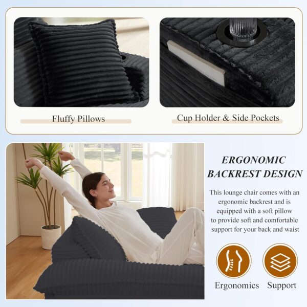 Chaise Lounge Chair Indoor. 47'' Oversized Sleeper Chair with Cup Holders & Side Pockets. Upholstered Sofa Bed for Living Room. Boneless Chaise Lounge. Reading Chairs for Adults (Dark Grey)