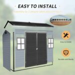 8x4FT Outdoor Resin Garden Shed with Floor and 2 Windows. Waterproof Plastic Garden Shed. Large Storage Space. Lockable Doors & Windows. Plastic Tool Shed. 14mm Thick PP Board