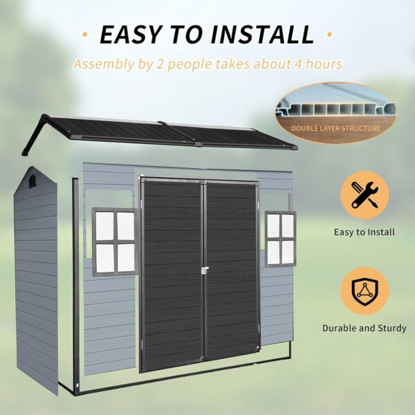 8x4FT Outdoor Resin Garden Shed with Floor and 2 Windows. Waterproof Plastic Garden Shed. Large Storage Space. Lockable Doors & Windows. Plastic Tool Shed. 14mm Thick PP Board