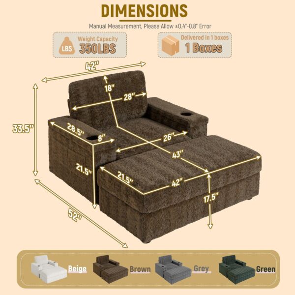 42 W Oversized Chaise Lounge Chair Indoor with Storage and Ottoman