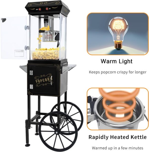 Popcorn Machine Cart with 6 Oz Kettle Makes Up to 32 Cups and Warming Light. Popcorn Maker Machine. Movie Theater Pop Corn Machine with 2-Switch Control & Tempered Glass Doors. Easy to Clean (Black)