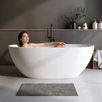 71″ Freestanding Solid Surface Bathtub. Oval Thick Edge Matte White Stone Resin Stand Alone Soaking Tub. Ergonomic Free standing Flatbottom Tubs with Overflow. Pop-up Drain (Matte White. 71)