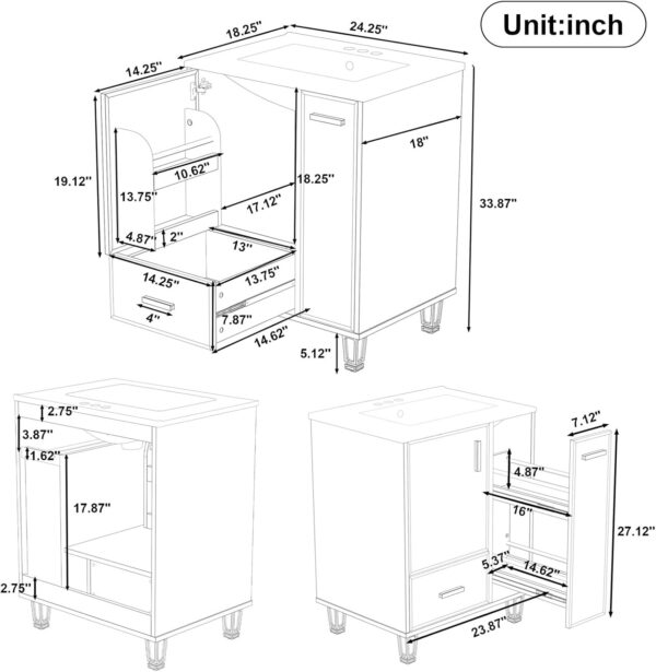 24 Bathroom Vanity with Sink. Bathroom Cabinet with Door Shelf. Deep Drawer. 2-Tier Pull-Out Basket. Solid Wood Frame Bathroom Vanities (Black)