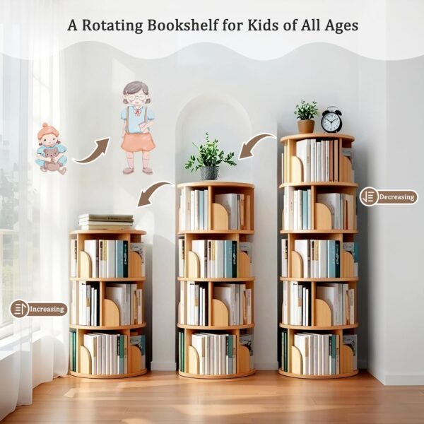Rotating Bookshelf. Round Revolving Bookcase. 360° Spinning Book Shelf Tower. Narrow Organizer for Bedroom. Living Room. Small Space. Corner. Office. Kids & Adults (Natural. 5 Tier)
