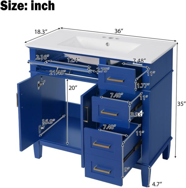 36 Bathroom Vanity with Sink. Modern Bathroom Cabinet. Single Basin Vanity Set with Storage Cabinet Doors Drawer for Guest Baths Master Suites or Rental Units.Small Bathrooms (Blue)