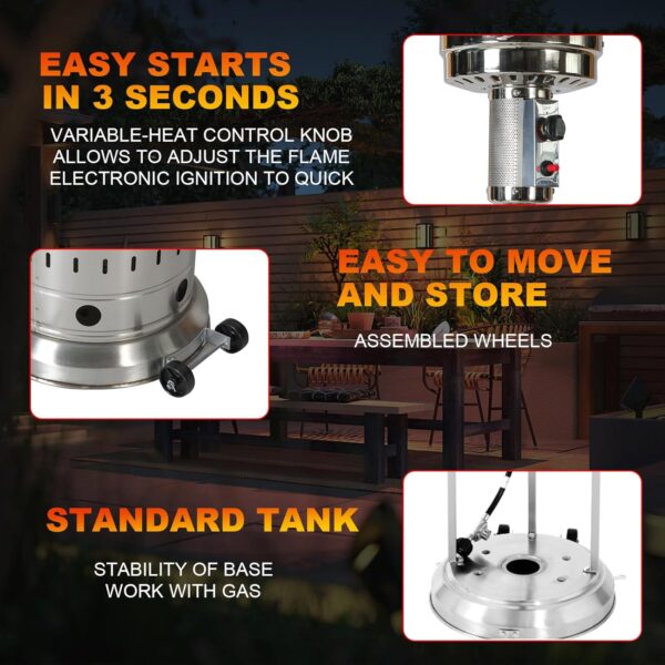 Patio Heater with Cover. 48.000 BTU Pyramid Flame Outdoor Heater. Propane. Detachable Wheels. Quartz Glass Tube for Patio. Garden. Courtyard. Park. Poolside (Silver)