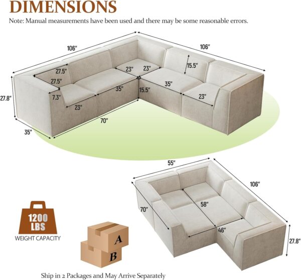 106 Modular Sectional Sofa Couches for Living Room. Modern L Shaped Boneless Cloud Couch with Deep Seat. Couch with Chaise Lounge. Chenille Fabric. No Assembly Required (Beige)