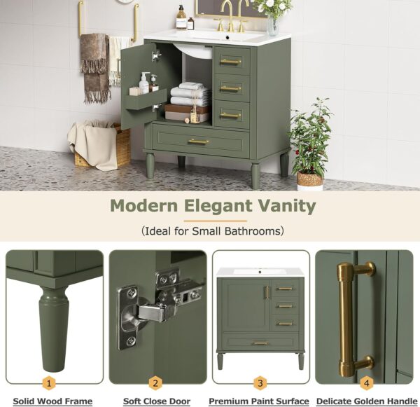 Bathroom Vanity. 30 Bathroom Vanity with Sink. Modern Storage Cabinet with 3 Drawers & 1 Door. Freestanding Bathroom Vanities. Solid Wood Frame for Small Space 30'' x 18'' x 34'' (Olive Green)