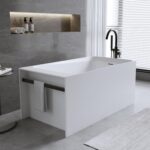 51'' Solid Surface Freestanding Bathtub. Stone Resin Stand Alone Soaking Tub. Modern Rectangular Freestanding Tubs with Overflow. Pop-up Drain. Thick Edge. Matte White