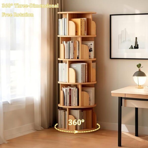 Rotating Bookshelf. Round Revolving Bookcase. 360° Spinning Book Shelf Tower. Narrow Organizer for Bedroom. Living Room. Small Space. Corner. Office. Kids & Adults (Natural. 5 Tier)