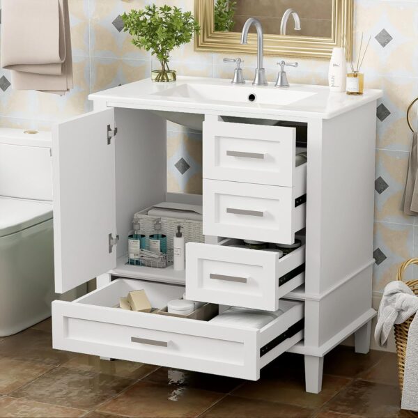 30 Bathroom Vanity with Sink and 4 Drawers & 1 Door Cabinet. Easy Assembly Modern Bathroom Vanities Storage Cabinet for Guest Baths Master Suites or Rental Units (White. 30 Inches)