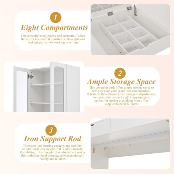 Large Versatile Makeup Vanity Desk with Mirror and Charging Station. Home Office Desk. Dressing Table with 8 Hidden Storage Compartments. Computer Desk with 3 Drawers. 2 Cabinets and Open Shelves