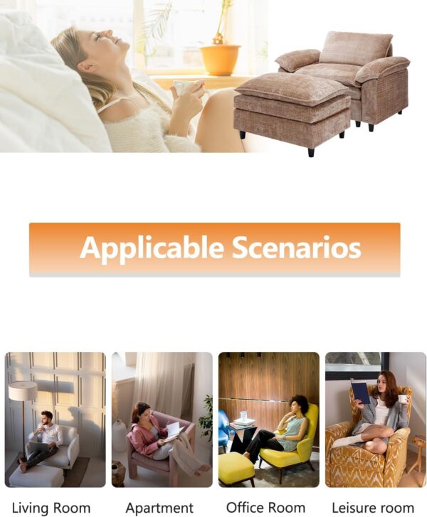 Oversized Chaise Lounge Chair Indoor with Removable Ottoman. 34.8 Comfy Thicked Upholstered Recliner Chenille Couch. Leisure Sleeper Chair for Living Room. Bedroom