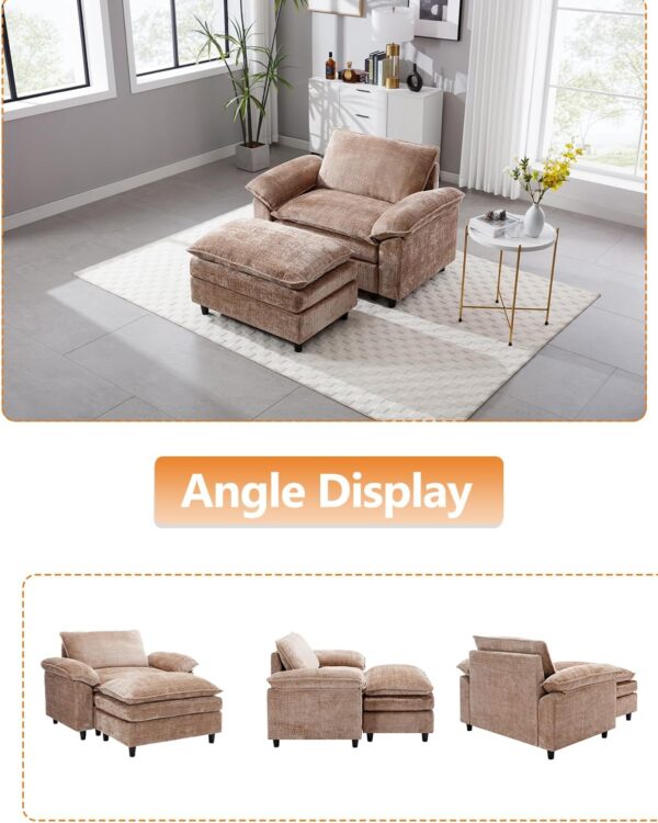 Oversized Chaise Lounge Chair Indoor with Removable Ottoman. 34.8 Comfy Thicked Upholstered Recliner Chenille Couch. Leisure Sleeper Chair for Living Room. Bedroom