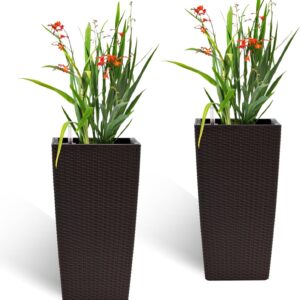 2 Pack Tall Planters for Indoor or Outdoor Plants. Self-Watering Pots with Drain Holes. 22-Inch High Faux Rattan Design Modern Tall Square Planter Box for Porch. Patio. Backyard (Pack of 2. Brown)