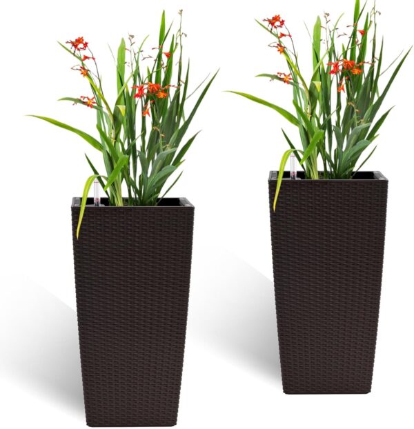 2 Pack Tall Planters for Indoor or Outdoor Plants. Self-Watering Pots with Drain Holes. 22-Inch High Faux Rattan Design Modern Tall Square Planter Box for Porch. Patio. Backyard (Pack of 2. Brown)