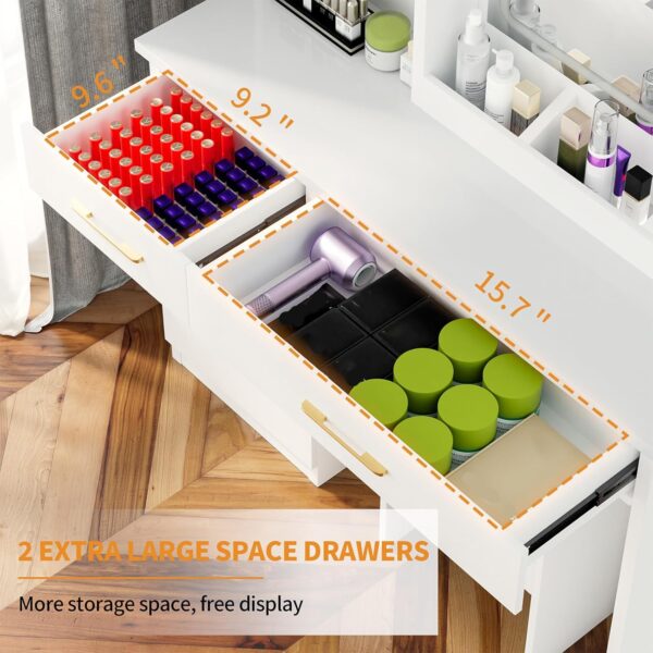 32'' Makeup Vanity Desk with Mirror and Lights. Large LED Mirror with 3 Color Modes. Makeup Vanity with Power Outlet & USB Ports. 6 Open Shelves & 2 Drawers for Women & Girls