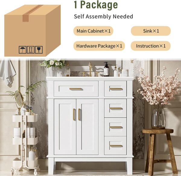 30'' Bathroom Vanity with Single Sink Combo. Freestanding Modern Bathroom Storage Sink Cabinet. Storage Cabinet with 2 Drawers & 2 Door. Solid Wood Frame for Small Bathrooms. White