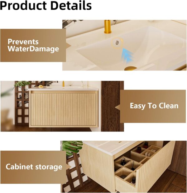30'' Fluted Bathroom Vanity with Sink Combo. Floating Sink Bathroom Vanity Wall-Mounted Bath Room Vanities with Drawers. Bath Storage Cabinet (Wood)