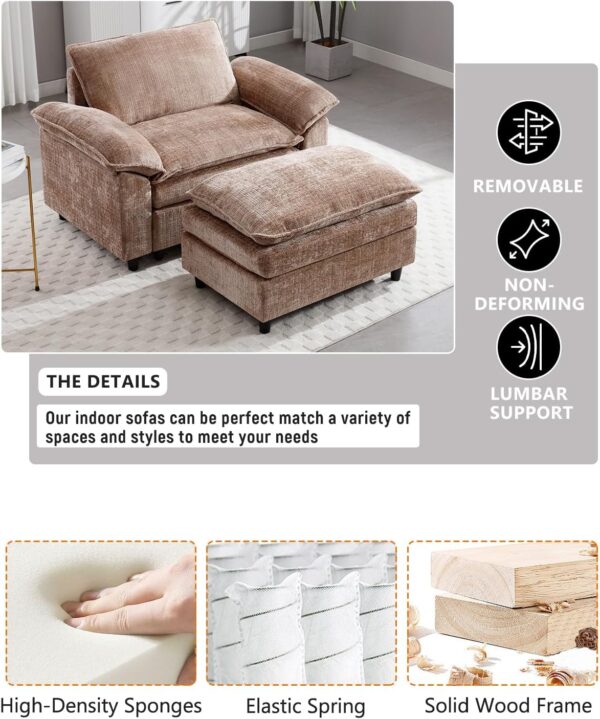 Oversized Chaise Lounge Chair Indoor with Removable Ottoman. 34.8 Comfy Thicked Upholstered Recliner Chenille Couch. Leisure Sleeper Chair for Living Room. Bedroom