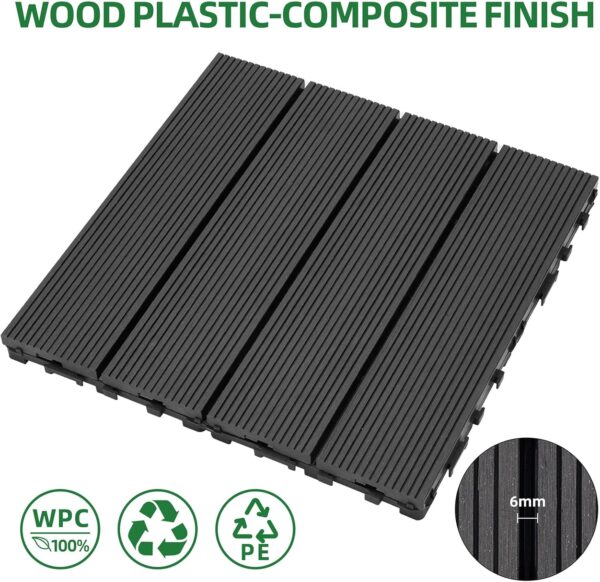 9 PCS Heavy-Duty & Recyclable Wood-Plastic Interlocking Deck Tiles 11.8 x 11.8- Outdoor and Indoor for Patio. Balcony. Porch. Backyard. Bedroom (Black)
