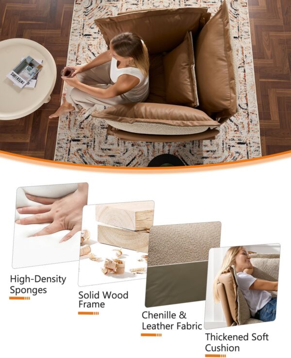 Oversized Accent Chair Indoor. Single Sofa Lounge Chair Chenille Fabric Large Comfy Reading Chair. Big Comfy Armchair Leisure Lounge Chair for Living Room. Bedroom (Brown)