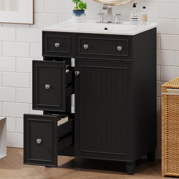 24 Modern Bathroom Vanity with Sink. Sink Cabinet with Ceramic Basin. Bathroom Vanities Cabinet with 2 Drawers & 1 Door (Black)