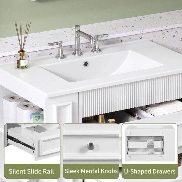 30 Inches Bathroom Vanity with Sink MDF. Wall Mounted Floating Cabinets w/Double Drawers. 3 Holes Single Ceramic Sink Combo Set Modern Storage Cabinet (White)