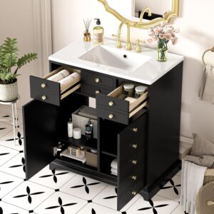 30'' Bathroom Vanity with Ceramic Sink Combo. Solid Wood Frame Bathroom Storage Cabinet. Freestanding Vanity Set with 2 Drawers & Soft Closing Doors (30'')