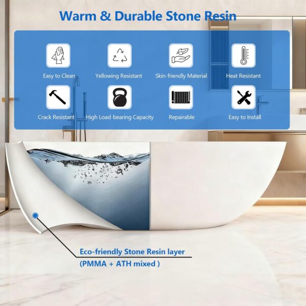 71″ Freestanding Solid Surface Bathtub. Oval Thick Edge Matte White Stone Resin Stand Alone Soaking Tub. Ergonomic Free standing Flatbottom Tubs with Overflow. Pop-up Drain (Matte White. 71)