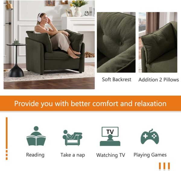 Oversized Accent Chair Indoor. Single Sofa Chair with Thick Soft Cushion. Chenille Fabric Large Comfy Reading Chair. Big Comfy Armchair Leisure Lounge Chair for Living Room. Bedroom (Green)