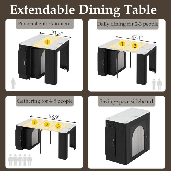 Extendable Dining Table for 4-6. 33''-59'' Extending Dining Table w/Removable Leaves Space Saving. Mobile Rolling Island Tables with Power Outlet Wooden Adjustable Tables for Kitchen (Black)