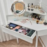 Corner Vanity Desk with Lighted Mirror. 44 Modern Fluted Makeup Vanity Desk with Adjustable Folding Mirror. Stool. Bedroom Dressing Table for Women. Small Place (White)