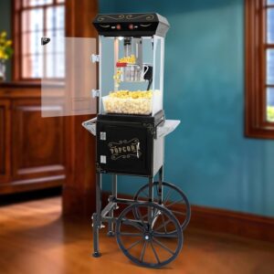 Popcorn Machine Cart with 6 Oz Kettle Makes Up to 32 Cups and Warming Light. Popcorn Maker Machine. Movie Theater Pop Corn Machine with 2-Switch Control & Tempered Glass Doors. Easy to Clean (Black)