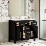 36'' Bathroom Vanity with Ceramic Sink Combo Set. Modern Freestanding Single Bathroom Cabinet with 4 Drawers & 2 Cabinets. Storage Cabinet. Solid Wood Frame Vanity Set (Black)
