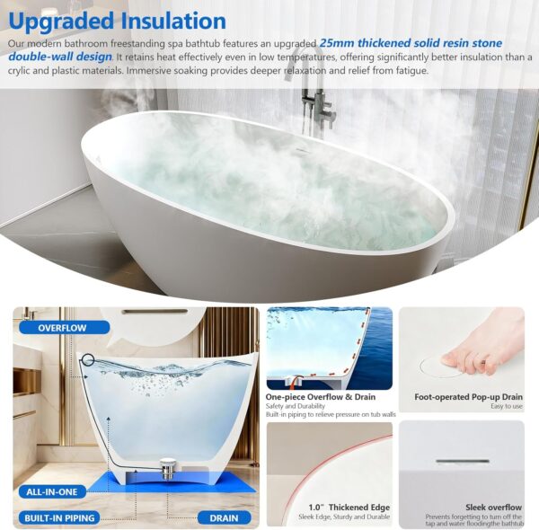 71″ Freestanding Solid Surface Bathtub. Oval Thick Edge Matte White Stone Resin Stand Alone Soaking Tub. Ergonomic Free standing Flatbottom Tubs with Overflow. Pop-up Drain (Matte White. 71)