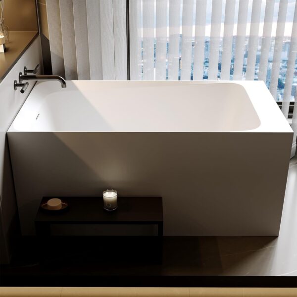 51'' Solid Surface Freestanding Bathtub. Stone Resin Stand Alone Soaking Tub. Modern Rectangular Freestanding Tubs with Overflow. Pop-up Drain. Thick Edge. Matte White