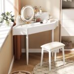 Corner Vanity Desk with Lighted Mirror. 44 Modern Fluted Makeup Vanity Desk with Adjustable Folding Mirror. Stool. Bedroom Dressing Table for Women. Small Place (White)