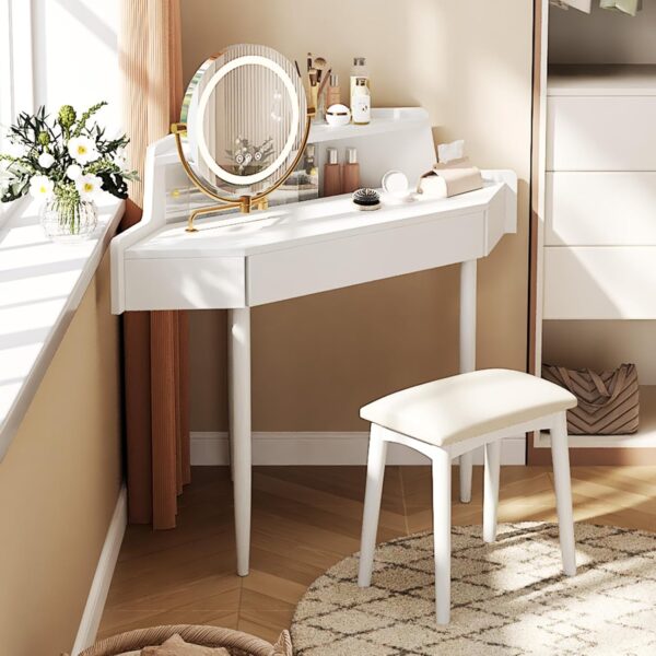 Corner Vanity Desk with Lighted Mirror. 44 Modern Fluted Makeup Vanity Desk with Adjustable Folding Mirror. Stool. Bedroom Dressing Table for Women. Small Place (White)