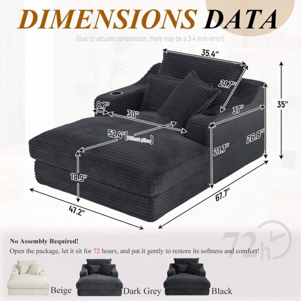 Chaise Lounge Chair Indoor. 47'' Oversized Sleeper Chair with Cup Holders & Side Pockets. Upholstered Sofa Bed for Living Room. Boneless Chaise Lounge. Reading Chairs for Adults (Dark Grey)