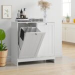 Double Tilt-Out Laundry Hamper Cabinet. Modern Hidden Laundry Hamper with 2 Removable Baskets. Free-Standing Bathroom Storage Cabinet. Anti-tiltdevice. (26.8 Tall White)