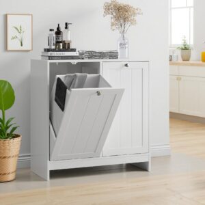 Double Tilt-Out Laundry Hamper Cabinet. Modern Hidden Laundry Hamper with 2 Removable Baskets. Free-Standing Bathroom Storage Cabinet. Anti-tiltdevice. (26.8 Tall White)