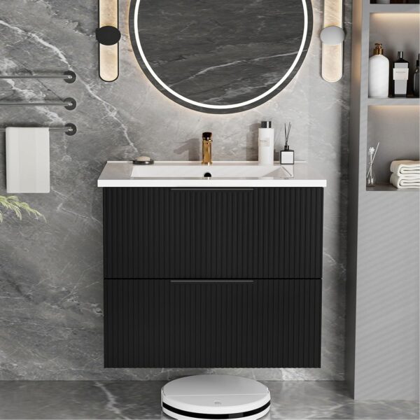 24 Bathroom Vanity with Sink. Floating Bathroom Vanity with Ceramic Sink & 2 Storage Drawers. Soft-Close Doors. Modern Wall Mount Bathroom Storage Cabinet for Small Space (Matte Black. 24)