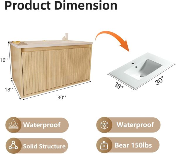 30'' Fluted Bathroom Vanity with Sink Combo. Floating Sink Bathroom Vanity Wall-Mounted Bath Room Vanities with Drawers. Bath Storage Cabinet (Wood)