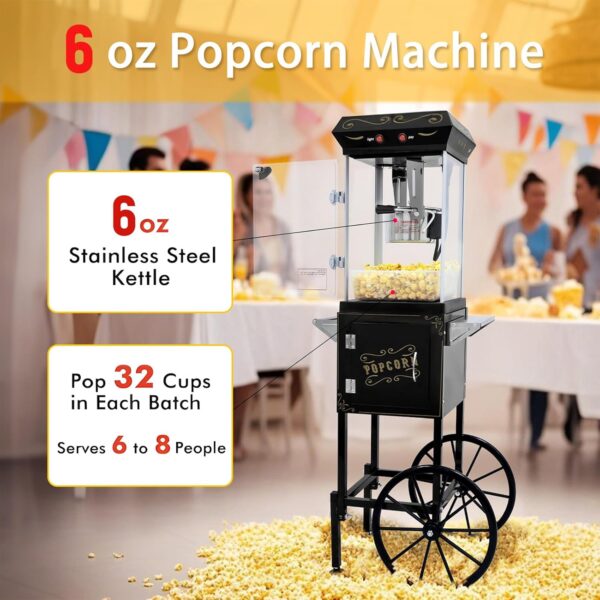 Popcorn Machine Cart with 6 Oz Kettle Makes Up to 32 Cups and Warming Light. Popcorn Maker Machine. Movie Theater Pop Corn Machine with 2-Switch Control & Tempered Glass Doors. Easy to Clean (Black)